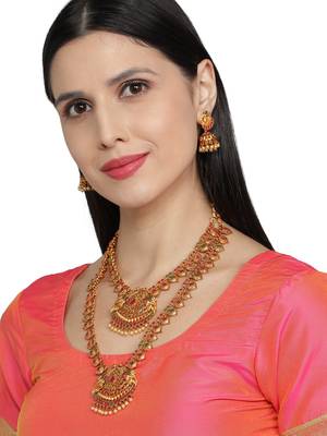 Multicolor South Indian 1 Long - 1 Short  Neckalce Jewellery set 3