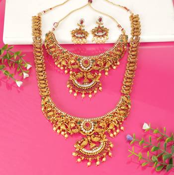 Multicolor South Indian 1 Long - 1 Short  Neckalce Jewellery set 1