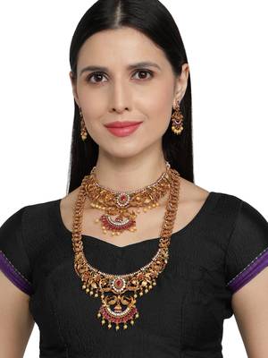 Multicolor South Indian 1 Long - 1 Short  Neckalce Jewellery set 2