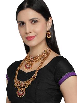 Multicolor South Indian 1 Long - 1 Short  Neckalce Jewellery set 3