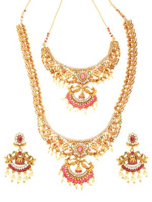 Multicolor South Indian 1 Long - 1 Short  Neckalce Jewellery set 4