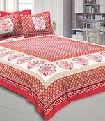 Double Bedsheet Crimson Red Geometric Floral Gold Print With 2 Pillow Covers