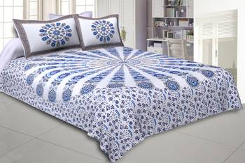 Mandala Blue White Khari Gold Print Double Bedsheet with 2 Pillow Covers 1