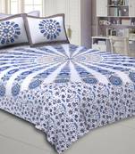 Mandala Blue White Khari Gold Print Double Bedsheet with 2 Pillow Covers