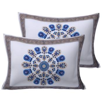 Mandala Blue White Khari Gold Print Double Bedsheet with 2 Pillow Covers 2
