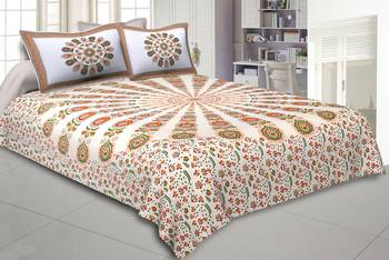 Mandala Orange Green Khari Gold Print Double Bedsheet with 2 Pillow Covers 1