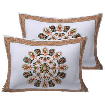 Mandala Orange Green Khari Gold Print Double Bedsheet with 2 Pillow Covers 2