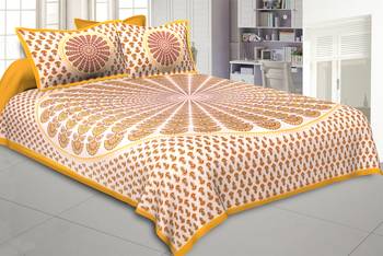 Yellow Sanganeri Printed Cotton Double Bed Sheet 1