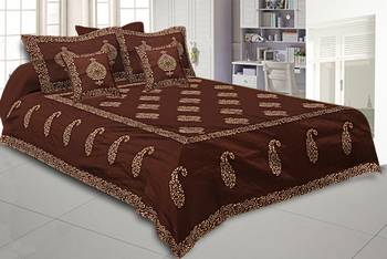 Brown Base Khadi Print Hand Work Silk Double Bed Sheet 1