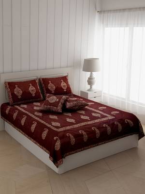 Brown Base Khadi Print Hand Work Silk Double Bed Sheet 2
