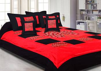 Red Base Machine Embroidery Black Patch Work Silk Double Bed Sheet 1