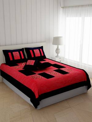 Red Base Machine Embroidery Black Patch Work Silk Double Bed Sheet 2