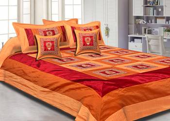 Orange Maroon Base Machine Embroidery and Zari Thread Work Silk Double Bed Sheet 1