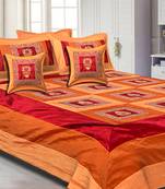 Orange Maroon Base Machine Embroidery and Zari Thread Work Silk Double Bed Sheet