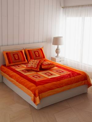 Orange Maroon Base Machine Embroidery and Zari Thread Work Silk Double Bed Sheet 2