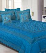 Firozi Base With Zari  Border Silk Embroidery And Silk  Double Bedsheet