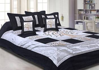 Gray Base Machine Embroidery Black Patch Work Silk Double Bed Sheet 1