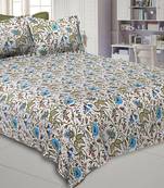 Green Blue Floral Hand Block Print Off White Base Pure Cotton Bedsheet with 2 Pillow Covers