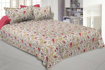 Pink Brown Floral Hand Block Print Off White Base Pure Cotton Bedsheet with 2 Pillow Covers 1