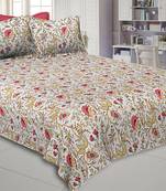 Pink Brown Floral Hand Block Print Off White Base Pure Cotton Bedsheet with 2 Pillow Covers