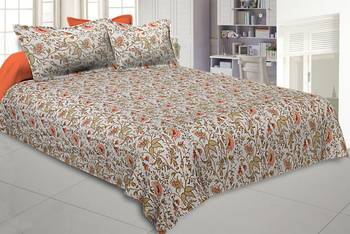 Peach Green Floral Hand Block print Off White Base Pure Cotton Bedsheet with 2 Pillow Covers 1