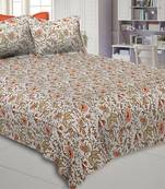 Peach Green Floral Hand Block print Off White Base Pure Cotton Bedsheet with 2 Pillow Covers