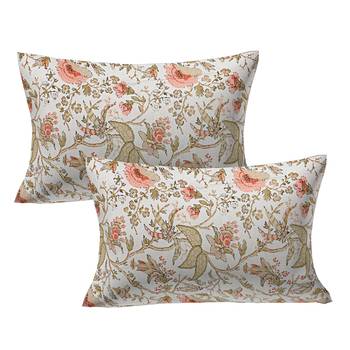 Peach Green Floral Hand Block print Off White Base Pure Cotton Bedsheet with 2 Pillow Covers 2