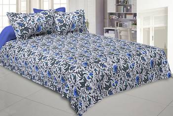 Blue Grey Floral Hand Block Print Off White Base Pure Cotton Bedsheet with 2 Pillow Covers 1