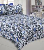 Blue Grey Floral Hand Block Print Off White Base Pure Cotton Bedsheet with 2 Pillow Covers