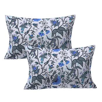 Blue Grey Floral Hand Block Print Off White Base Pure Cotton Bedsheet with 2 Pillow Covers 2