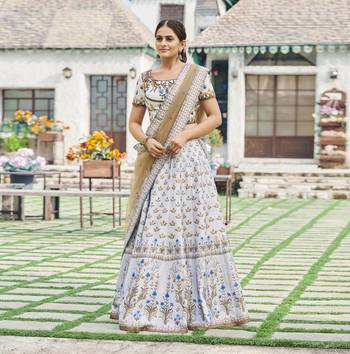 Light-grey printed silk unstitched lehenga 1