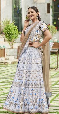Light-grey printed silk unstitched lehenga 2