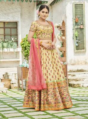 Light-yellow printed silk unstitched lehenga 1