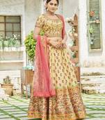 Light-yellow printed silk unstitched lehenga