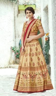 Beige printed silk unstitched lehenga 1