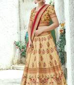 Beige printed silk unstitched lehenga