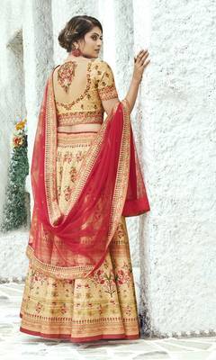 Beige printed silk unstitched lehenga 2