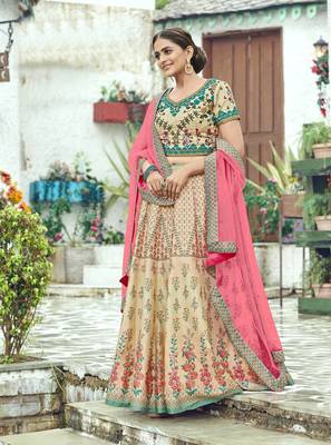 Beige printed silk unstitched lehenga 1