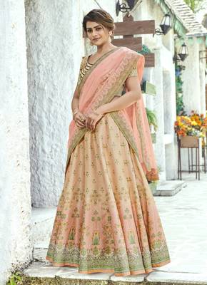Beige printed silk unstitched lehenga 1