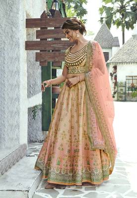 Beige printed silk unstitched lehenga 2