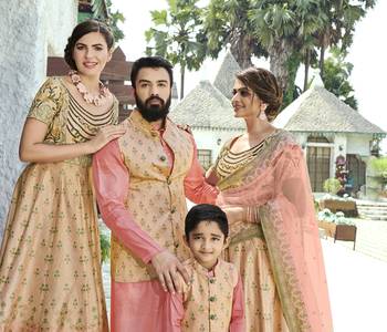 Beige printed silk unstitched lehenga 3