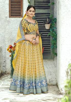 Yellow printed silk unstitched lehenga 1