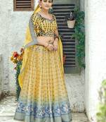 Yellow printed silk unstitched lehenga