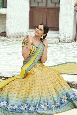 Yellow printed silk unstitched lehenga 2