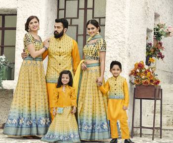 Yellow printed silk unstitched lehenga 3