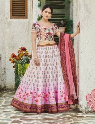 Cream printed silk unstitched lehenga 1