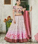 Cream printed silk unstitched lehenga