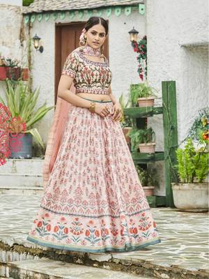 Peach printed silk unstitched lehenga 1