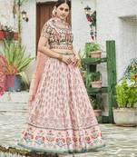 Peach printed silk unstitched lehenga