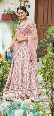 Peach printed silk unstitched lehenga 2